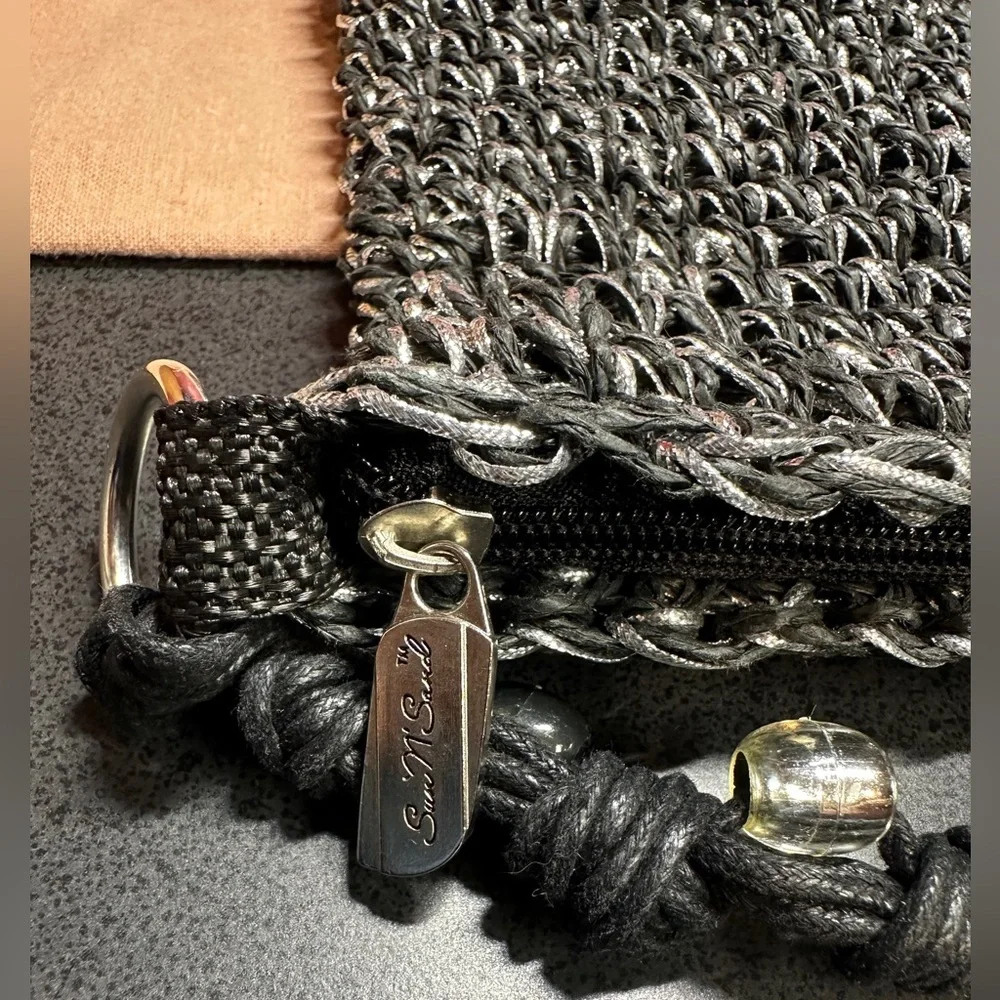 Sun’N’Sand Black Crochet/Woven Crossbody Bag with Metallic Silver Thread & Beads